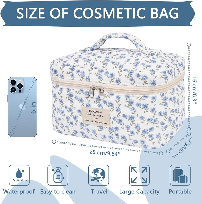 Gosect Large Makeup Bag, Cute Cosmetic Bag for Women Girls, Floral Coquette Aesthetic Toiletry Bag, Travel Make Up Organizer Bag (Blue Peacock Flower) - Image 2